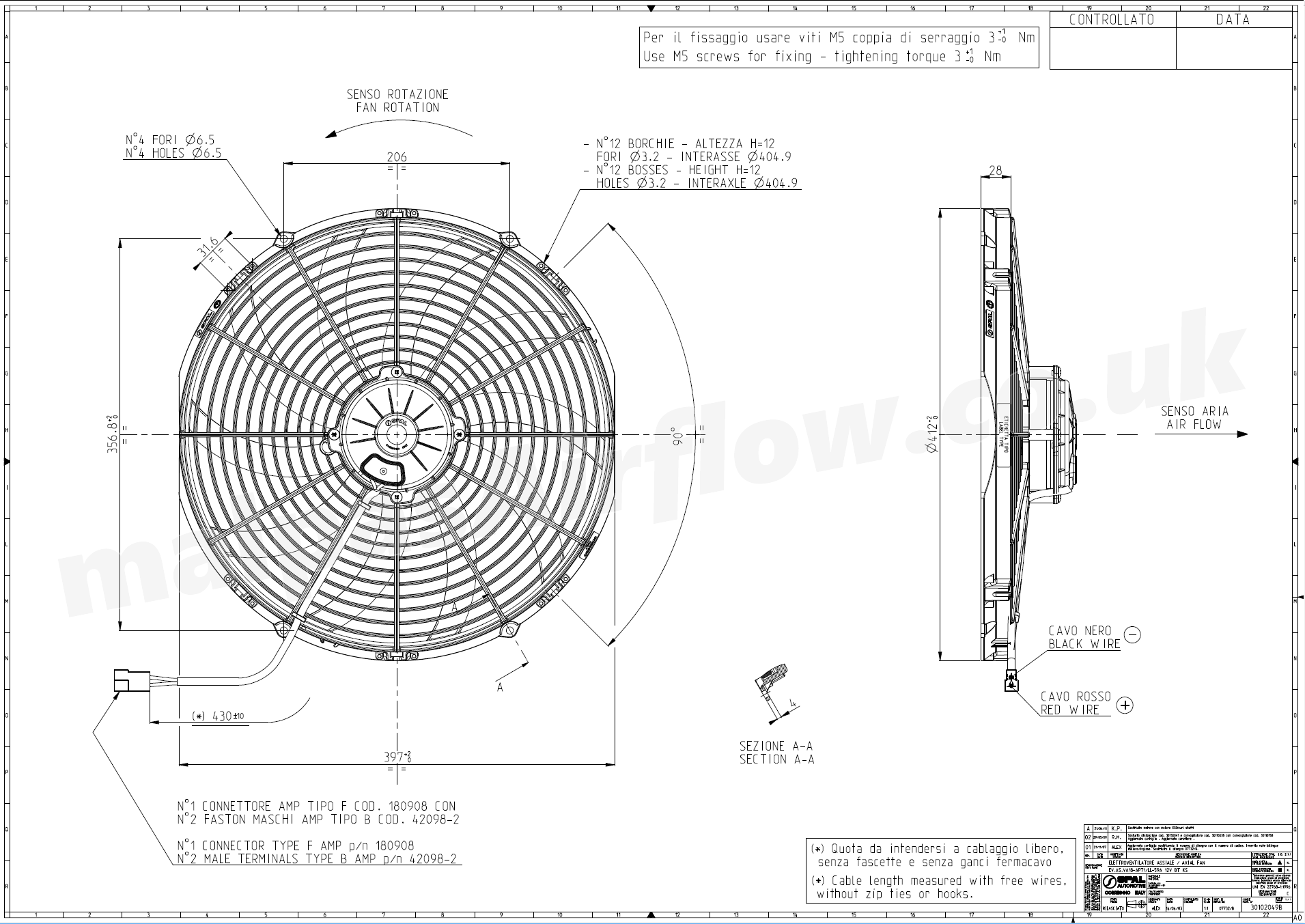 Dimensions of SPAL 16" (407mm)  Cooling Fan VA18-AP71/LL-59A (12v / 2185 cfm / Pulling)