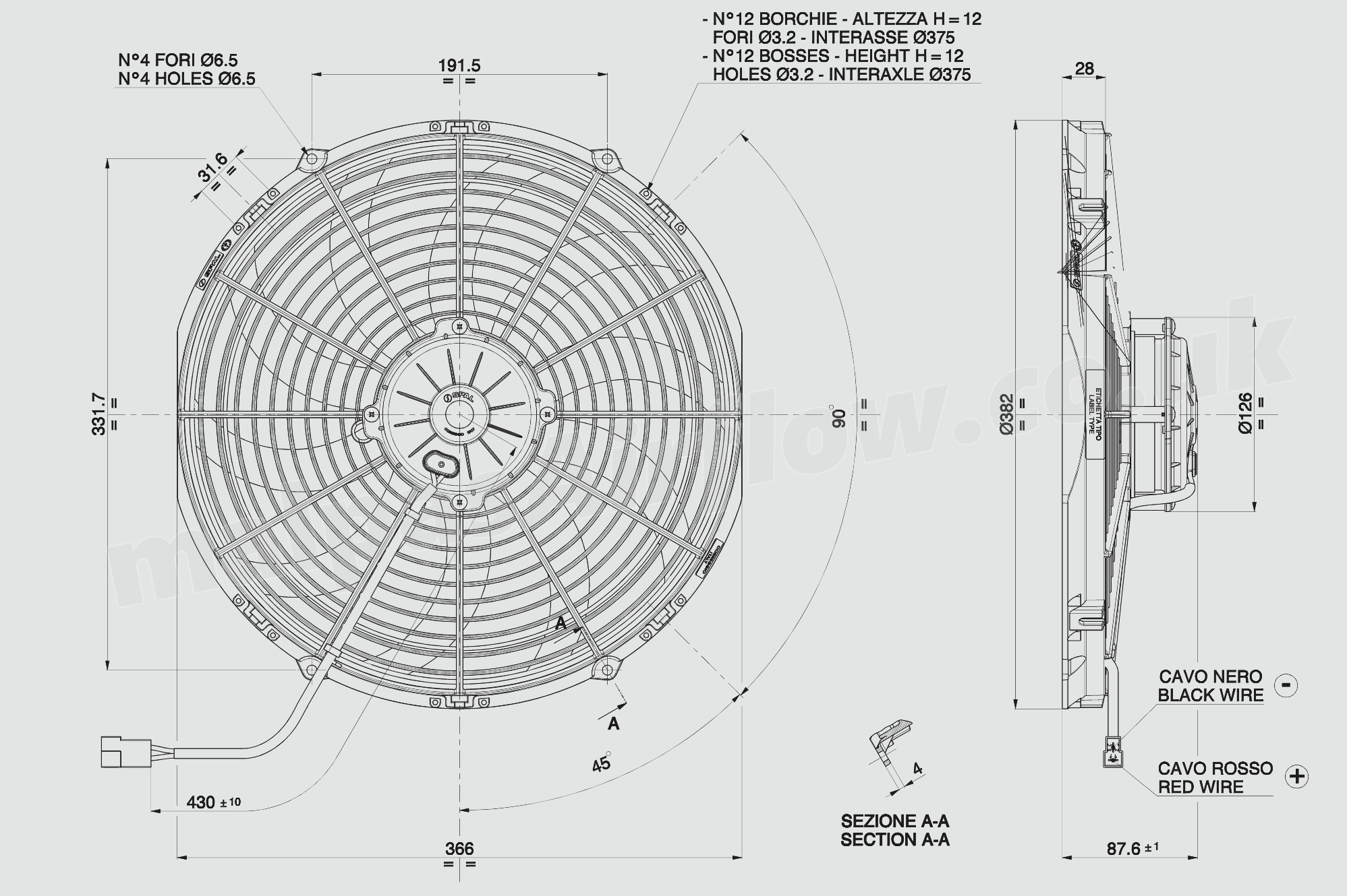 Dimensions of SPAL 14" (350mm)  Cooling Fan VA08-BP71/LL-53S (24v  / 1859 cfm / Pushing)